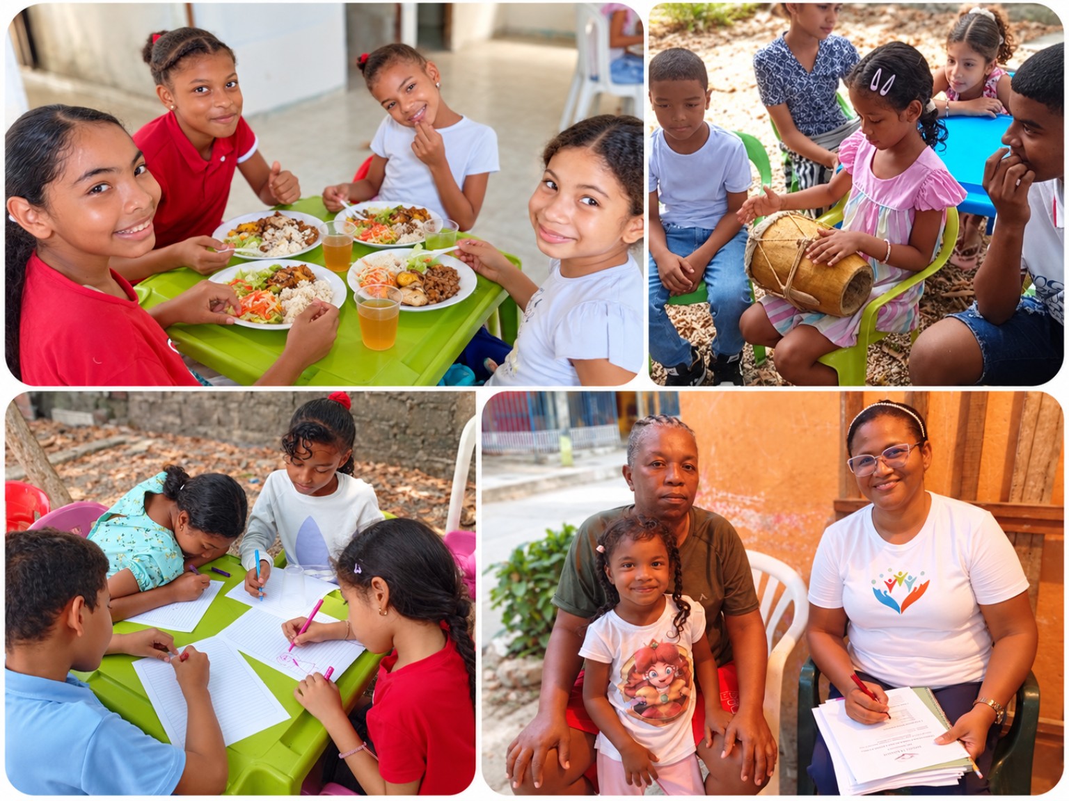 Collage de alimentación, música, apoyo educativo y acompañamiento familiar de la Fundación